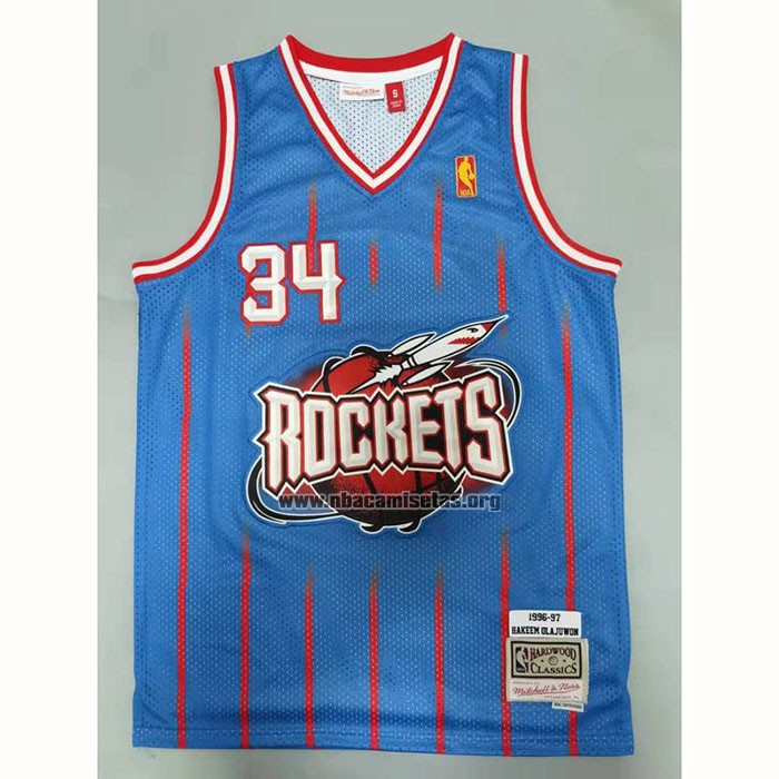 Camiseta Houston Rockets Hakeem Olajuwon NO 34 Mitchell & Ness 1996-97 Azul